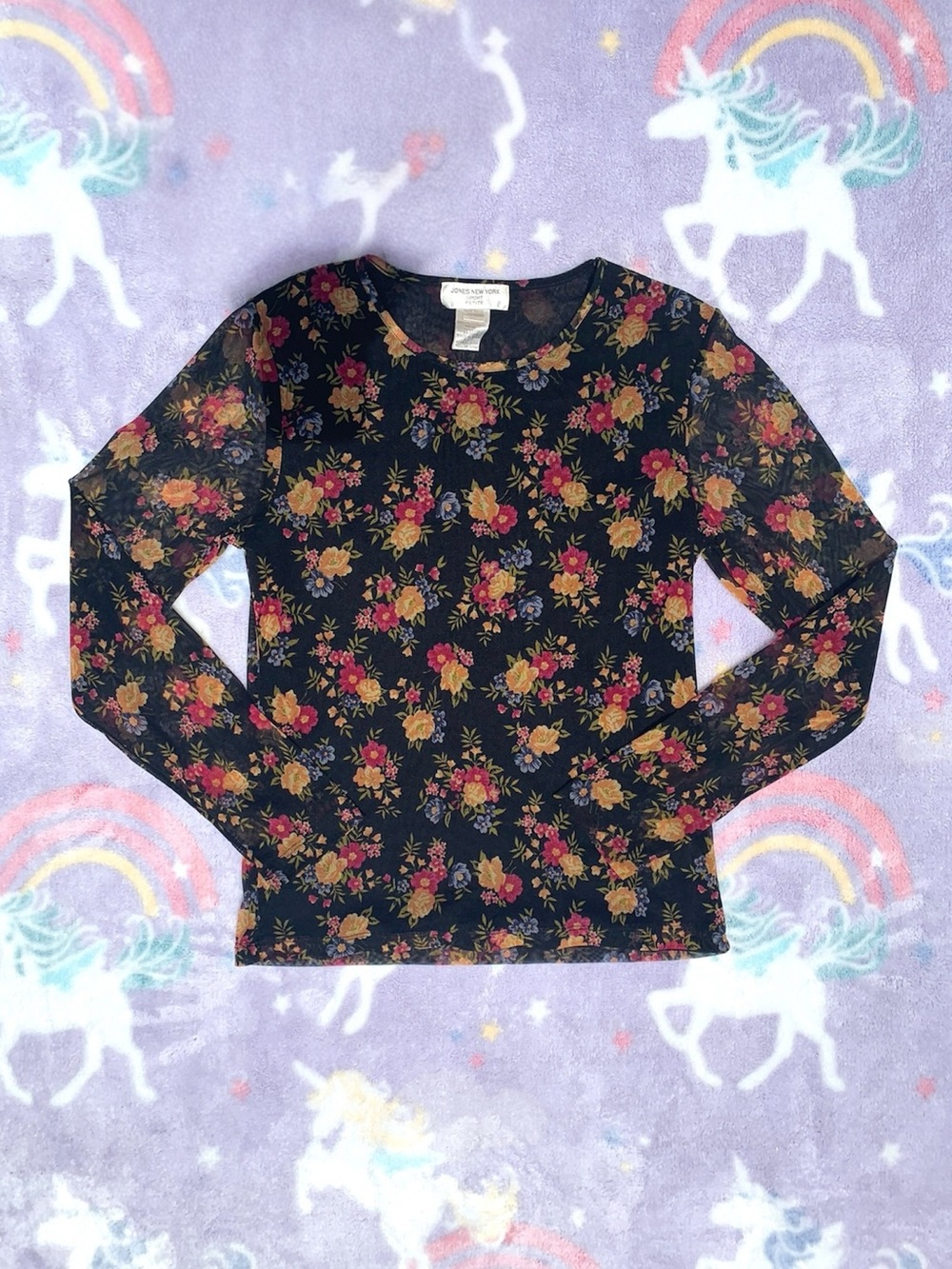 90’s Black Floral Mesh Long Sleeve Top